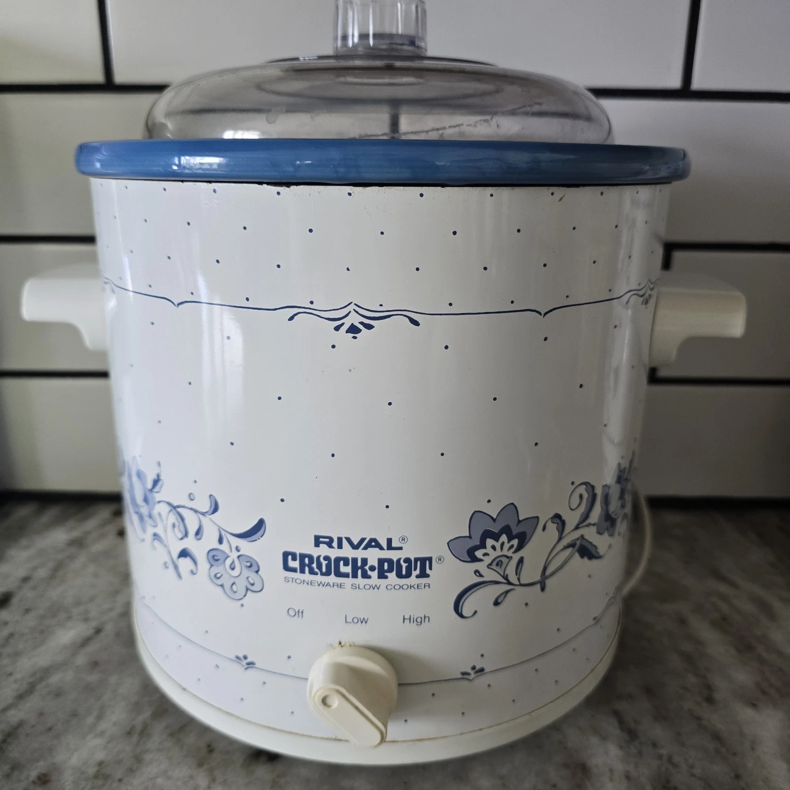 Vtg Rival Crock-Pot 3120 2.5 Qt Slow Cooker Blue White Lid Cornflower Country 90