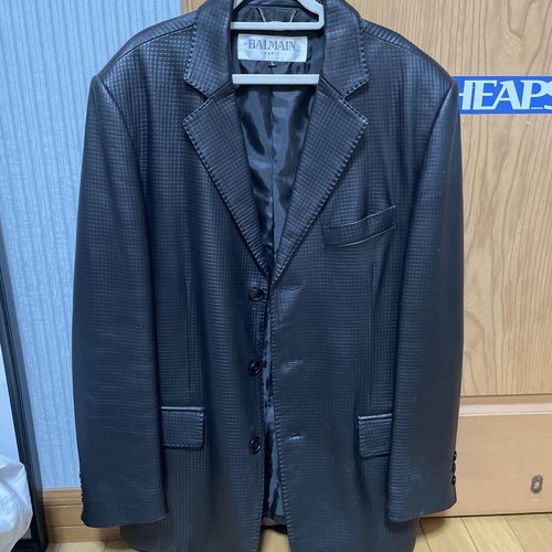 Balmain Black Leather Check Jacket L Slim Fit Mens