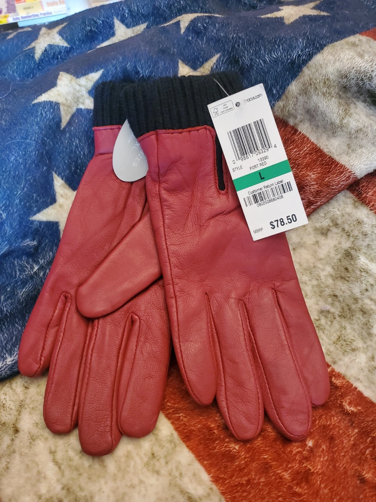 Large Charter Club Women's Sweater Cuff Red Black Leather Gloves 78.50