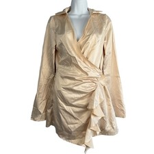 Prettylittlething Cream Satin Wrap Frill Dress Long Sleeve Womens 4 Ruffle