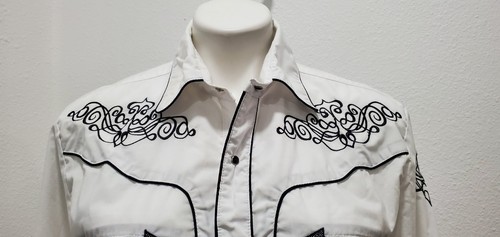 Camisa El General Para Hombres S Blanca Perla Snap Vaquero Occidental LS Negra Bordada Usada en Excelente Condición - Imagen 2 de 6