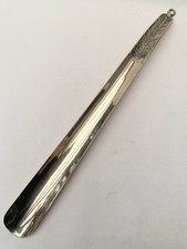 Vintage Solid Brass Shoe Horn Long Handle Feather Detail  40.5cm