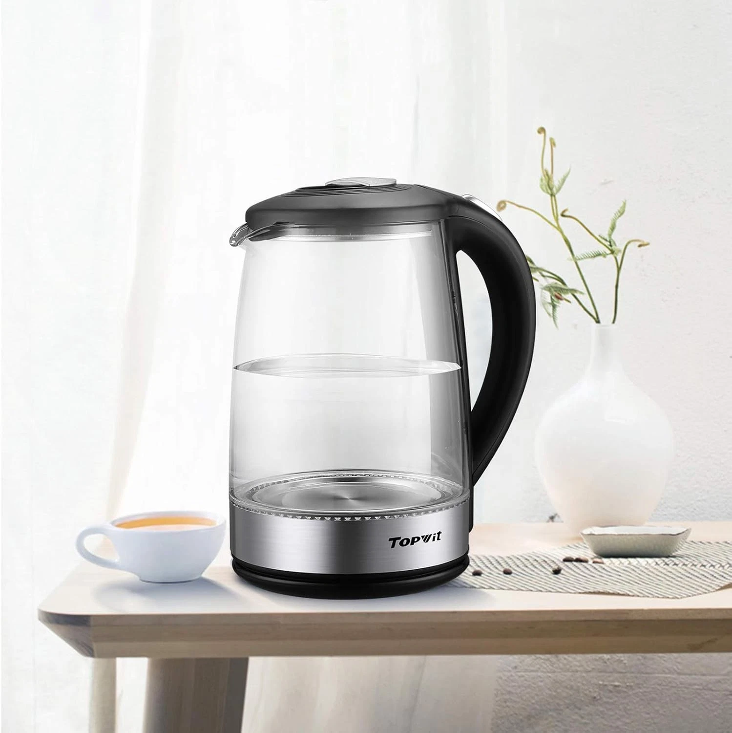 Electric Kettle Glass Hot Water Kettle 2.0 L Water Warmer Stainless Steel Lid