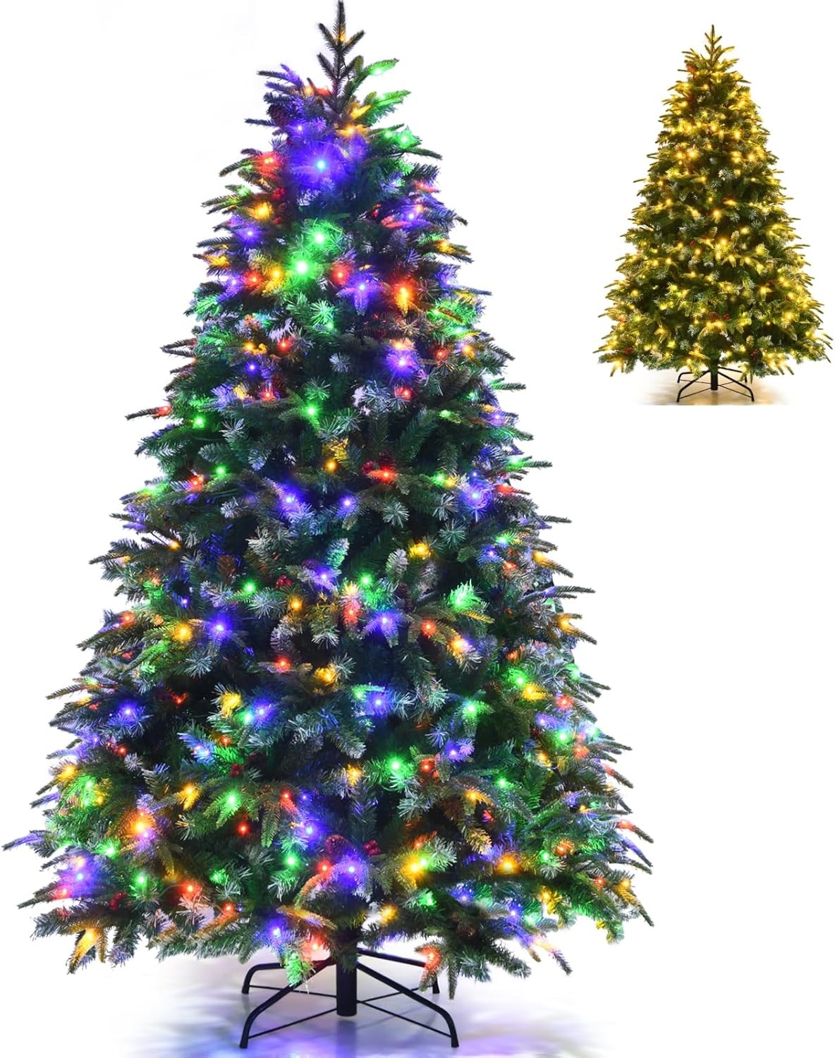 COSTWAY 5FT/6FT/7FT Pre-Lit Christmas Tree, Hinged Artificial Xmas Tree with