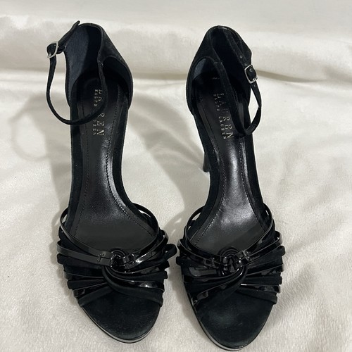 Lauren Ralph Lauren Strappy High Heel Sandal Size 8 Black Patenet Leather Ankle - Picture 2 of 10