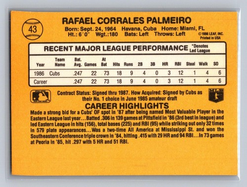 Rafael Palmeiro 1987 Leaf RC Rookie #43 Chicago Cubs - 第 2/2 張圖片