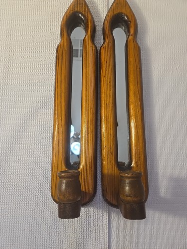 Applique da parete vintage 17" in legno e vetro a specchio - set 2 grandi portacandele - Foto 22 di 24