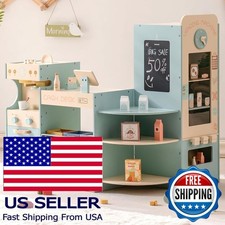 Wooden Grocery Store Playset with Cash Register, Vending Machine  Play Food