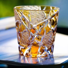 Edo Kiriko Whiskey Glass Hand Cut To Clear Amber Gold Crystal Tumbler 12oz
