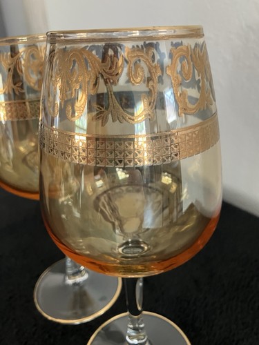 Vintage Venetian Murano Water Wine 24k Hand Painted Gold Gilt Amber Glasses Set2 - Picture 2 of 4