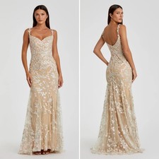 Mac Duggal Embroidered Floral Tulle Gown formal dress nude pink white Size 4