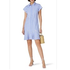 Thakoon Collective Blue Gingham Short Sleeve Pleated Hem Shirtdress Size 2