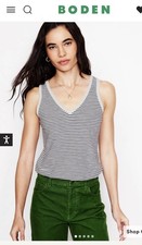 Boden NEW Medium Regular Slub V-neck Tank Vest Navy Ivory Stripe NWT