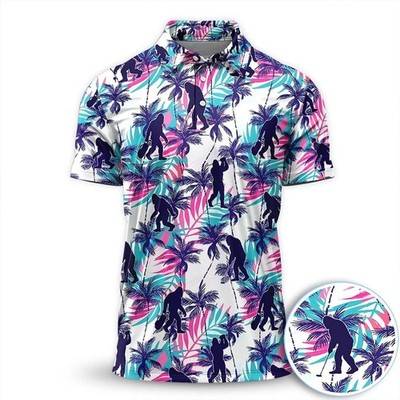 Funny Bigfoot Golf Polo Shirt Men Sasquatch Tropical Palm Golf Polo Gift for Dad