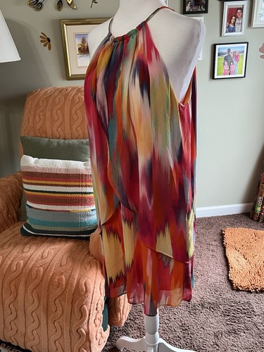 Bisou Bisou Midi Dress Sz 12 Multi Colored Chiffon Abstract Halter Sleeveless - Picture 11 of 13