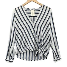 BB Dakota Blouse Womens White Blue Stripe Side Tie Faux Wrap Top Size S