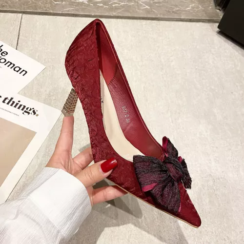 Womens Shoes Mid Kitten Heels Pointed Toe Slip On Bowknot Pumps Wedding Party - Picture 8 of 16