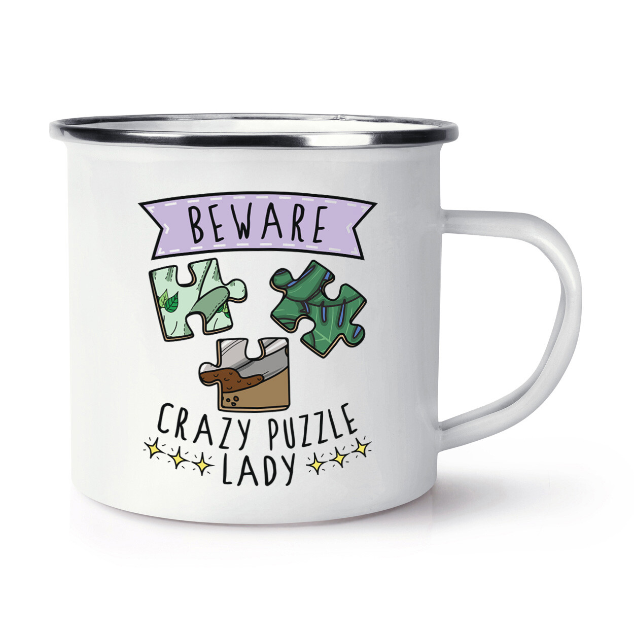 Beware Crazy Puzzle Lady Enamel Mug Cup Funny Jigsaw Puzzler Mum Mothers Day