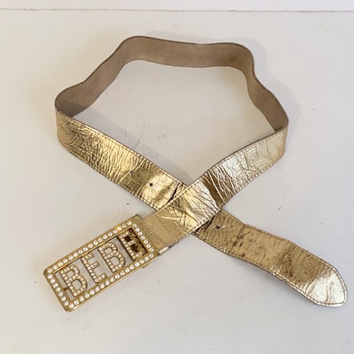 Vintage BEBE Gold Metallic Leather Belt with Rhinestone Logo Buckle Retro Y2K - Picture 2 of 13