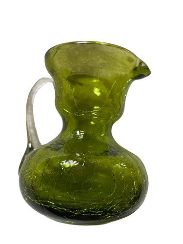 Pilgrim Glass Mini Pitcher Hand Blown Avocado Green Crackle Glass 3 1/2” - Picture 6 of 8
