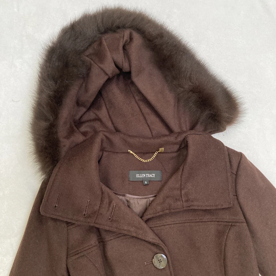 Ellen Tracy Fox Fur Removable Hood Trim Long Wool Coat Winter Jacket NWT Size 6 - Image 3 of 4