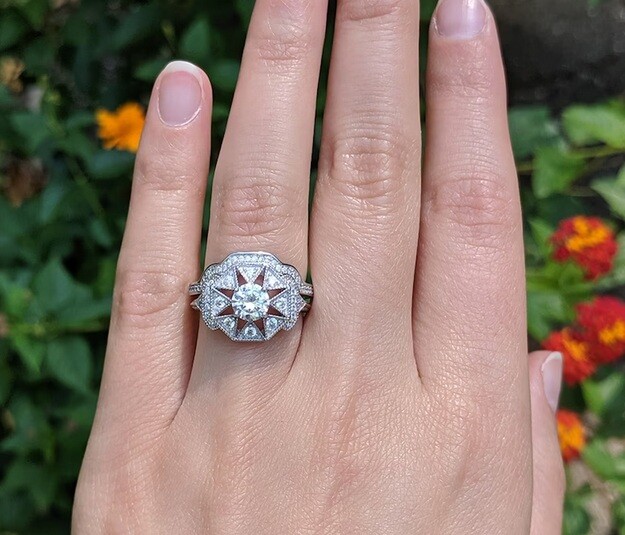 Art deco vintage style round moissanite engagement ring set women in silver  gift