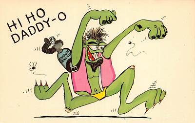 J85/ Interesting Postcard Chrome Green Monster Hi Ho Daddy-O Cartoon 4