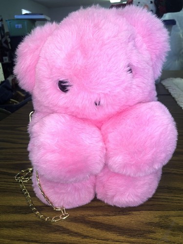 Fuzzy Pink Bear Purse Lola + The Boys? Changeable Metal Chain Soft Faux Fur Cute - Picture 14 of 16