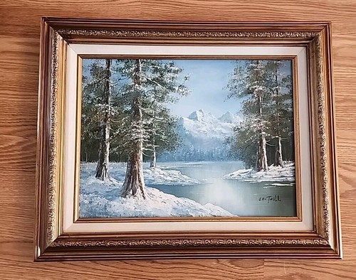 Vintage Mountain Woodland Winter Scene Oil Canvas Framed Picture by Cantrell