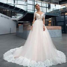 Plus Size Wedding Dresses Long Sleeves Lace Tulle Appliques A Line Bridal Gowns