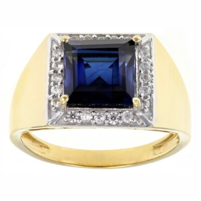 3.84 Ctw Princess Cut Blue Sapphire 14K Yellow Gold Over Halo Band Men's Ring