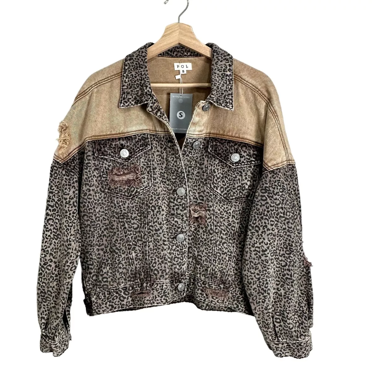 POL Cheetah Print Denim Jacket Womens Size S Brown Distressed Boutique Two  Tone | eBay