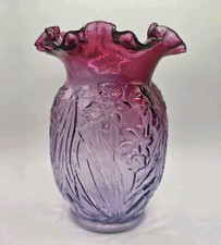 Fenton Purple Cranberry Ombr  Mulberry Glass Daffodil Ruffled Vase 8"