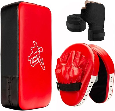 3-in-1 Boxing Pads and Kick Punching Mitts Set, Leather Hand Medium, Red 