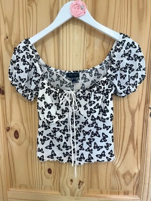New Look Cream Black Butterfly Velvet Print Milkmaid Gypsy Top Size 8 - Image 1 of 4