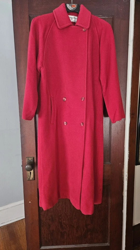 Vintage 1980s Christian Dior Long Red Coat With Belt Union Made USA Coat Sz 10 - Image 2 of 4