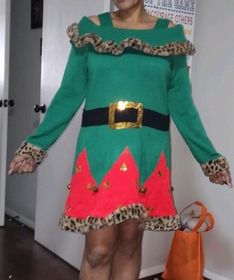  1X 16/18 Red Green Leopard Print trim Christmas Sweater Dress Mrs.Claus or Elf
