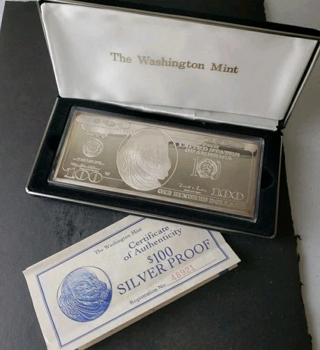 1996 Proof 4oz Silver Bar Fashioned after a $100 Franklin Note