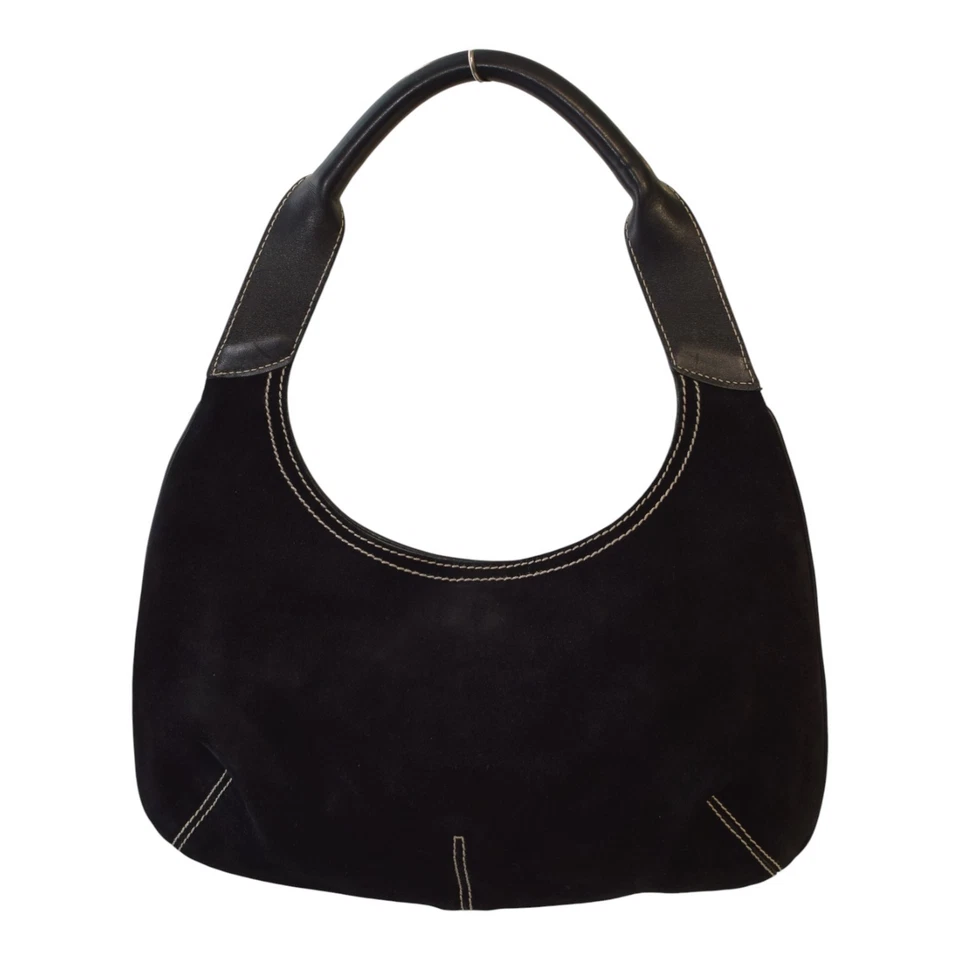 Bolso de hombro Salvatore Ferragamo Hobo de gamuza negra con costuras blancas en contraste Foto 2 de 4