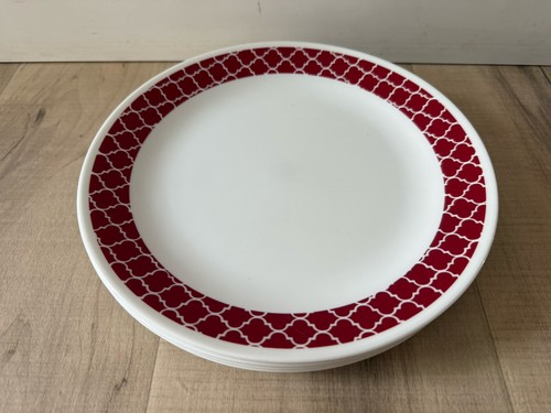 7 Corelle CRIMSON TRELLIS Dinner Plates 10 1/4" White Red Trim Lot RETIRED - Picture 3 of 11