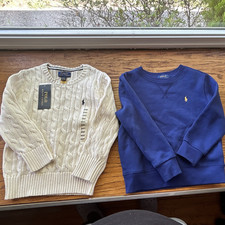 Polo Ralph Lauren Boys 4T Lot 2 Knit Pullover Sweaters Crew Cable Ivory Blue