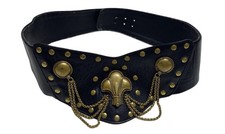 Laise Adzer Vtg Black Gold Studded Chain Belt Fleur De Lis Buckle Oversized