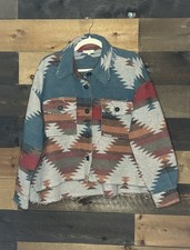 LA MIEL Southwestern Aztec Jacket Sz S Multi Shacket Raw Edges Lagenlook Boho