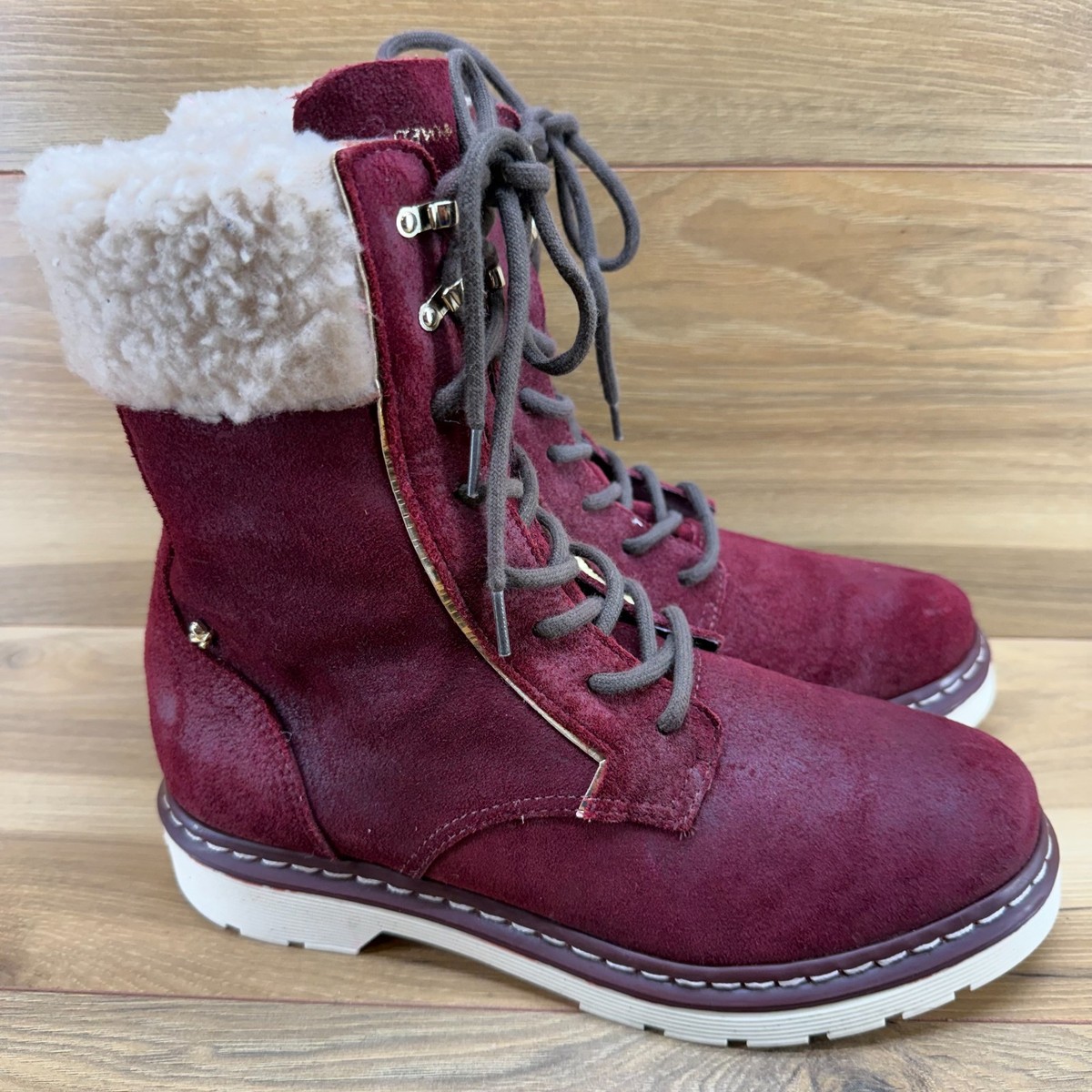 CRAVO & CANELA Combat Boots Womens 10 EU 41 Deep Red Suede Sherpa