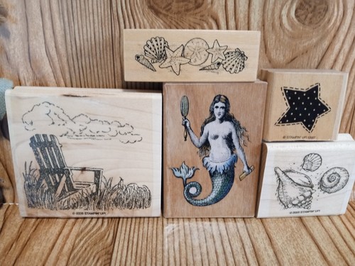 Lot Of 5 Ocean Beach Nautical Themed Wood Rubber Stamps Sea Shells Mermaid - Picture 2 of 3