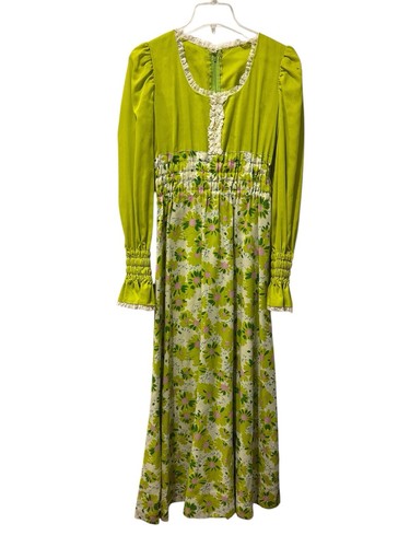 Vintage 1960s | Green Groovy Hippie Flower Power Mod Maxi Dress | Size Small H60