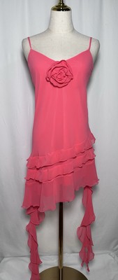 Gianni Bini Mini Flare Dress 4 Spaghetti Chiffon Ruffle Cocktail Tango Pink $179