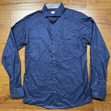 Eton Button Up Dress Shirt Men L 42 16 1/2 Navy Blue Slim Fit Career Luxury Cit