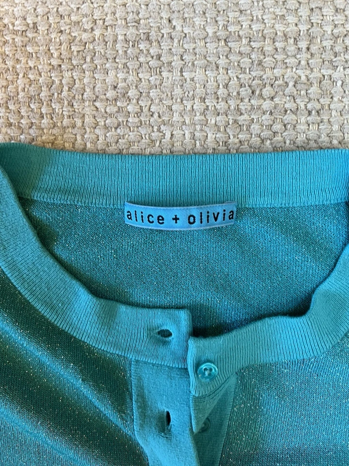 Alice +Olivia Turquoise Knit Metallic Long Sleeve Cardigan Size XS - Image 3 of 4