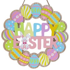Easter Decorations, Wooden Bunny Eggs Wreaths for Front Door Sign, Happy Easter